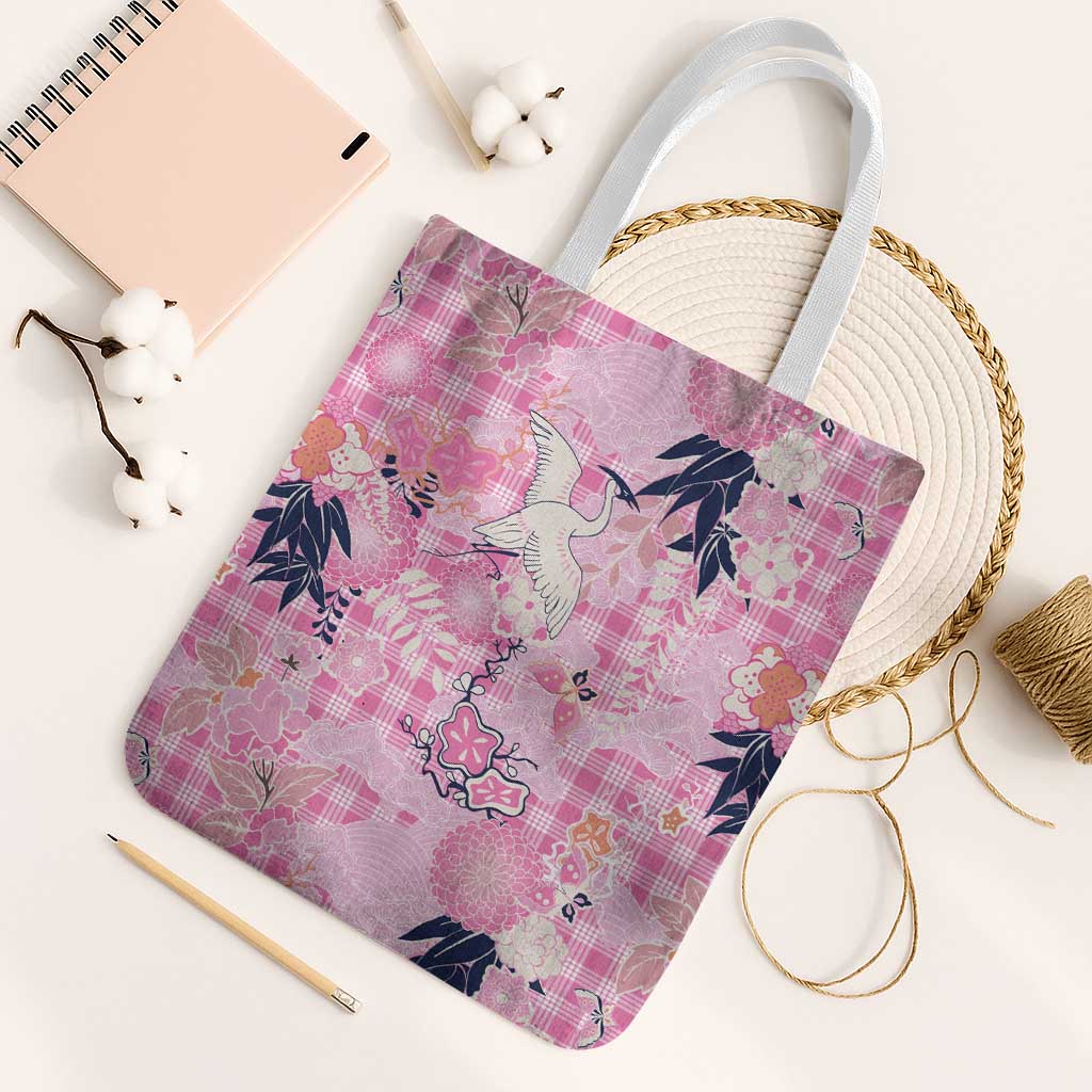 Pink Palaka Crane and Flowers Tote Bag Japan Heritage Spirit - Polynesian Pride
