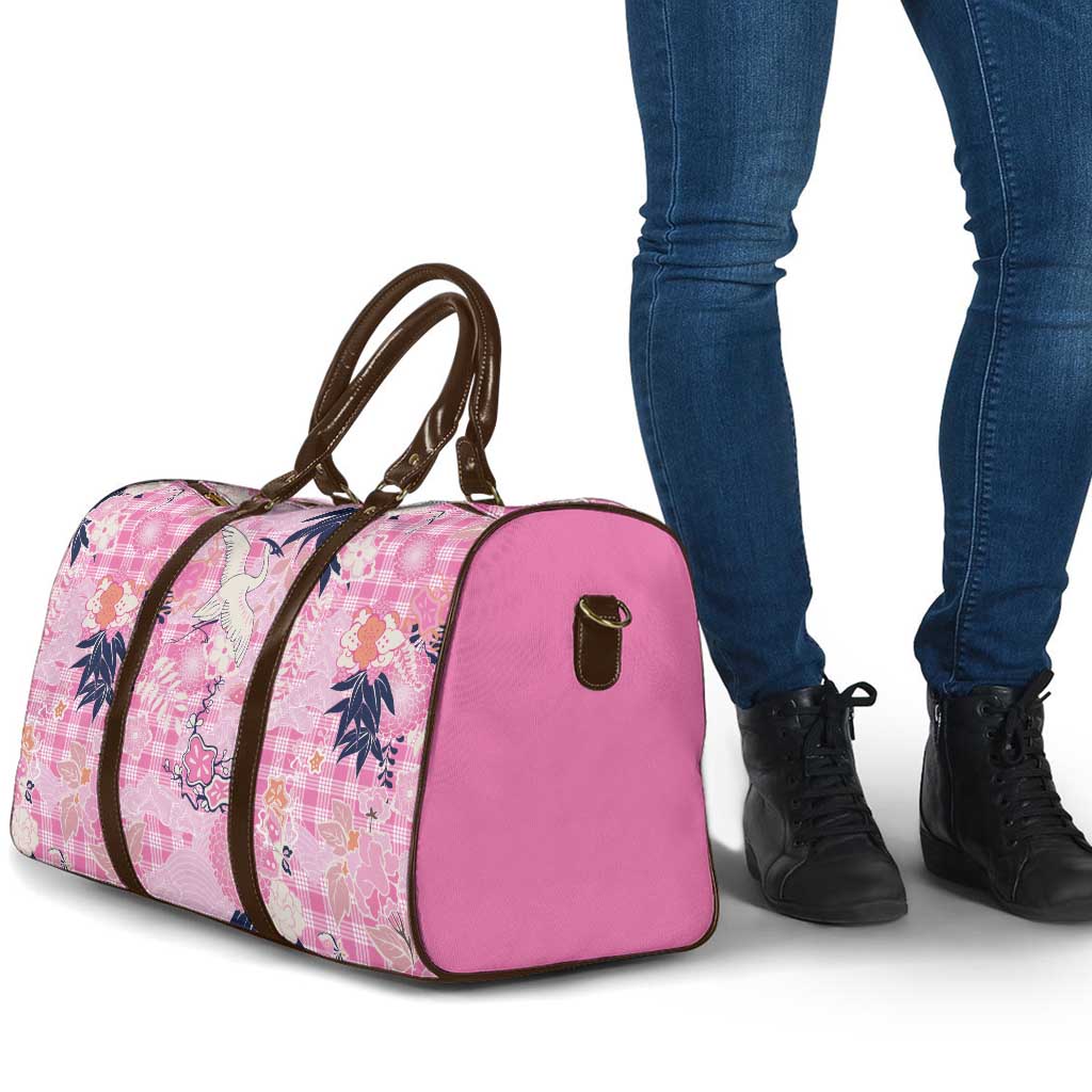 Pink Palaka Crane and Flowers Travel Bag Japan Heritage Spirit - Polynesian Pride