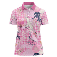Pink Palaka Crane and Flowers Women Polo Shirt Japan Heritage Spirit - Polynesian Pride