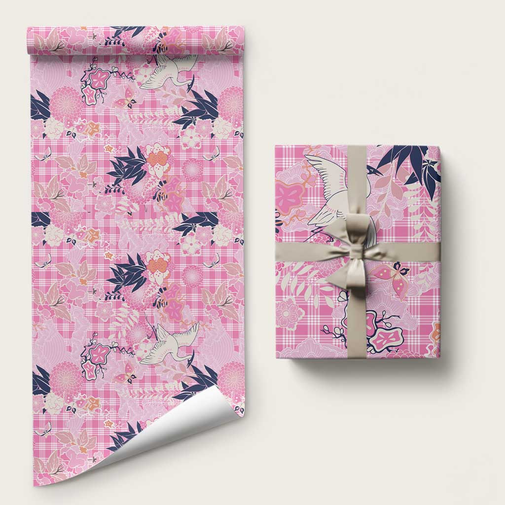Pink Palaka Crane and Flowers Wrapping Paper Japan Heritage Spirit - Polynesian Pride