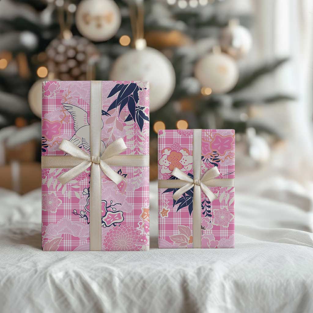 Pink Palaka Crane and Flowers Wrapping Paper Japan Heritage Spirit - Polynesian Pride