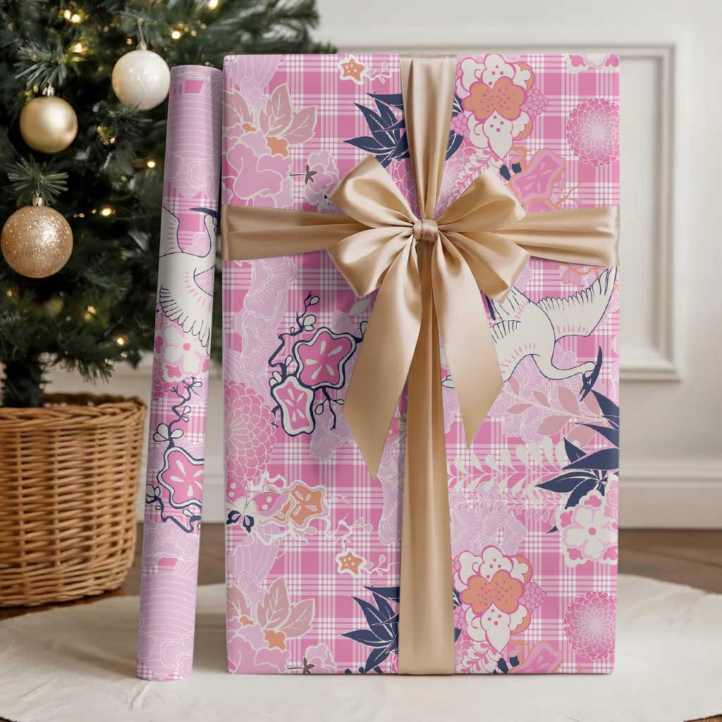 Pink Palaka Crane and Flowers Wrapping Paper Japan Heritage Spirit - Polynesian Pride