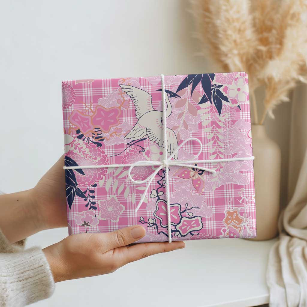Pink Palaka Crane and Flowers Wrapping Paper Japan Heritage Spirit - Polynesian Pride
