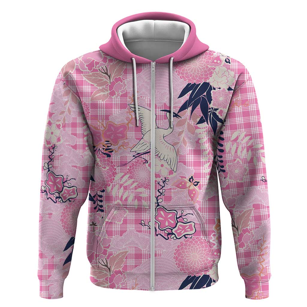 Pink Palaka Crane and Flowers Zip Hoodie Japan Heritage Spirit - Polynesian Pride