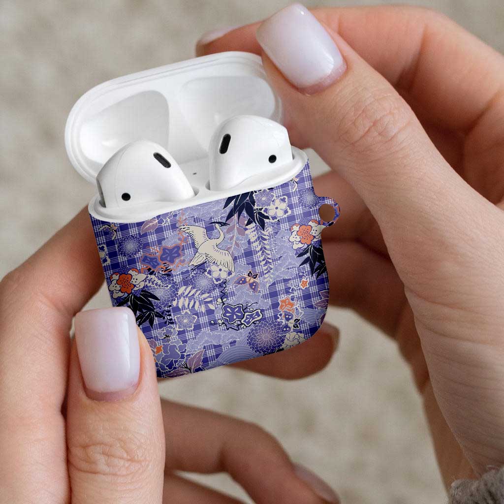 Purple Palaka Crane and Flowers AirPods Case Japan Heritage Spirit - Polynesian Pride