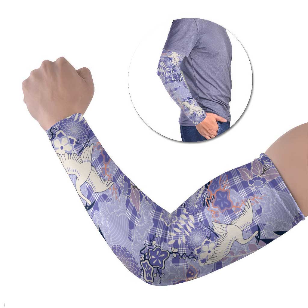 Purple Palaka Crane and Flowers Arm Sleeves Japan Heritage Spirit - Polynesian Pride