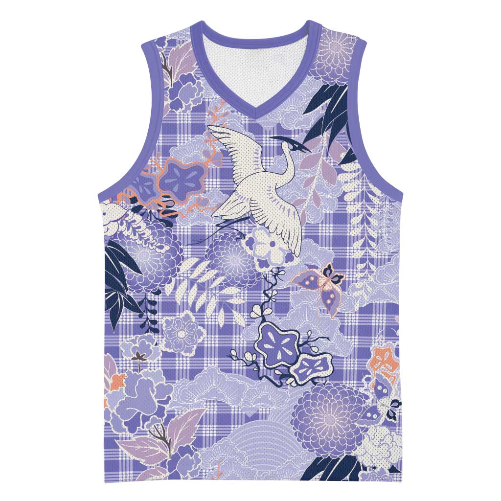 Purple Palaka Crane and Flowers Basketball Jersey Japan Heritage Spirit - Polynesian Pride