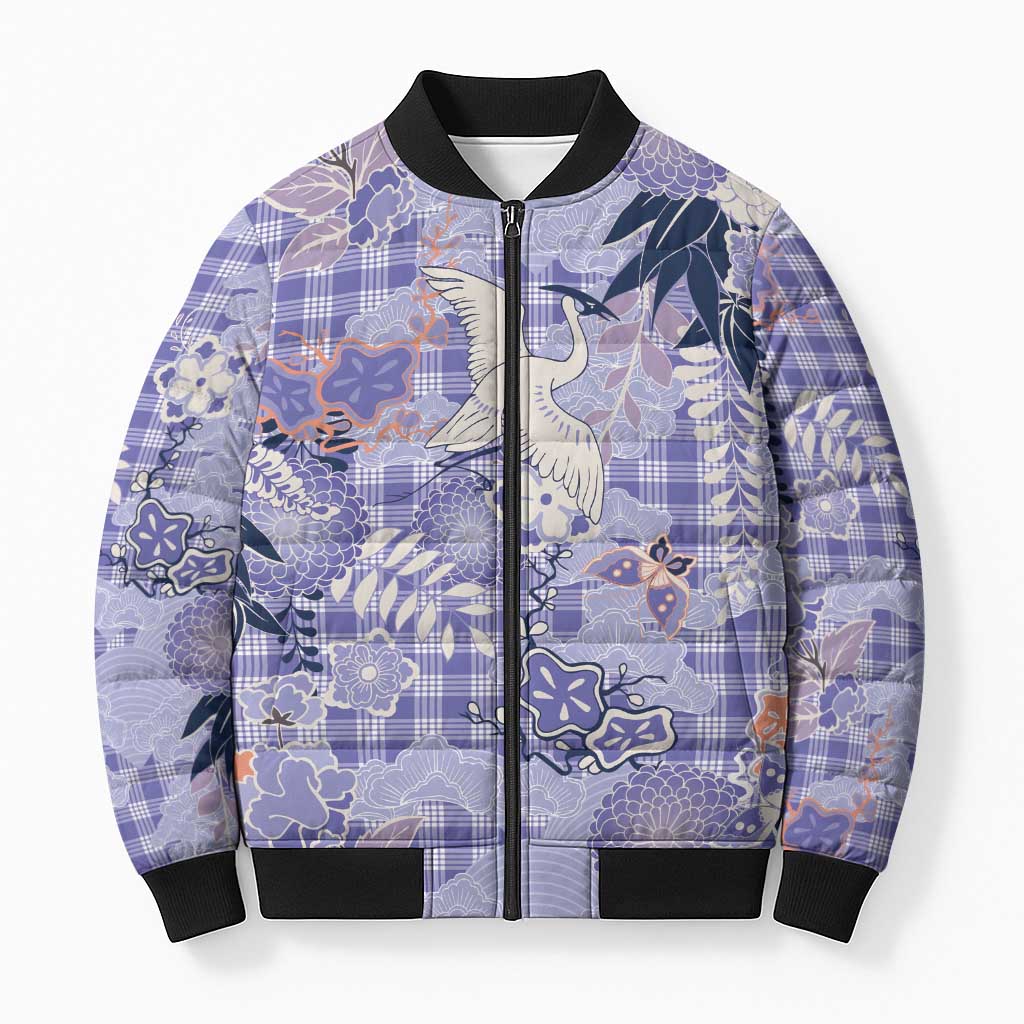 Purple Palaka Crane and Flowers Bomber Puffer Jacket Japan Heritage Spirit - Polynesian Pride