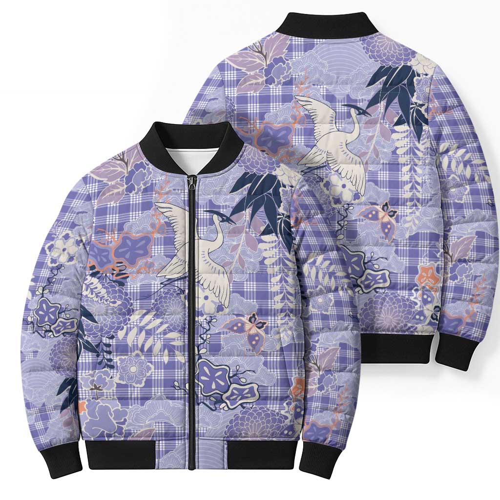 Purple Palaka Crane and Flowers Bomber Puffer Jacket Japan Heritage Spirit - Polynesian Pride
