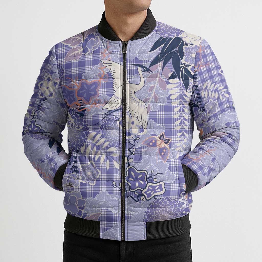 Purple Palaka Crane and Flowers Bomber Puffer Jacket Japan Heritage Spirit - Polynesian Pride