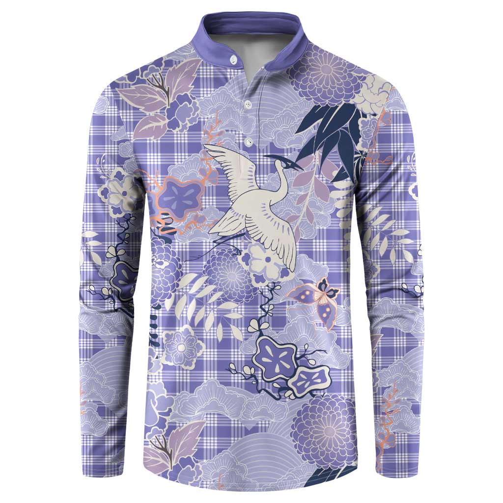 Purple Palaka Crane and Flowers Button Sweatshirt Japan Heritage Spirit - Polynesian Pride