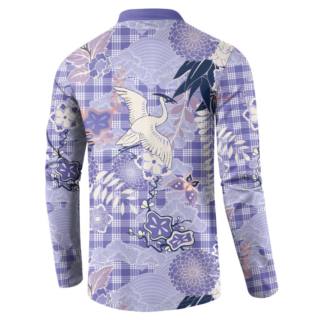 Purple Palaka Crane and Flowers Button Sweatshirt Japan Heritage Spirit - Polynesian Pride