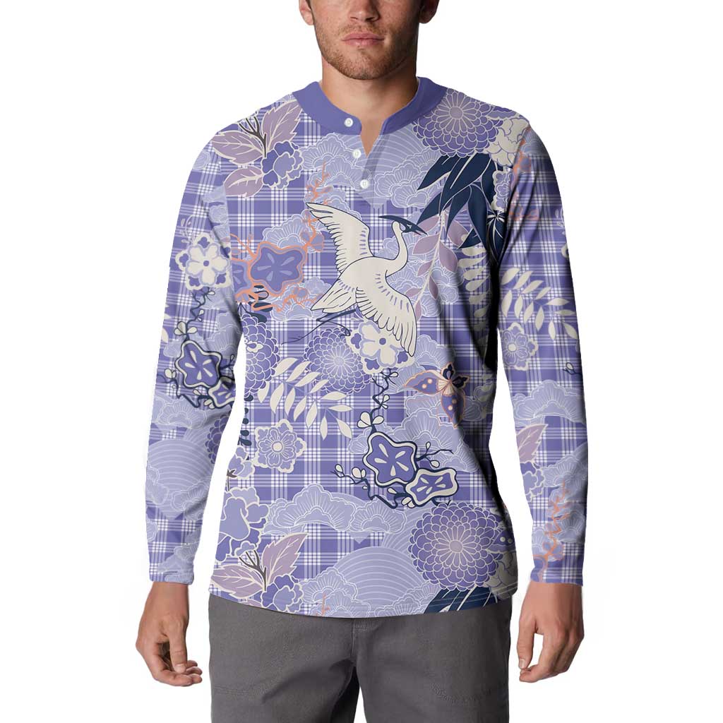 Purple Palaka Crane and Flowers Button Sweatshirt Japan Heritage Spirit - Polynesian Pride