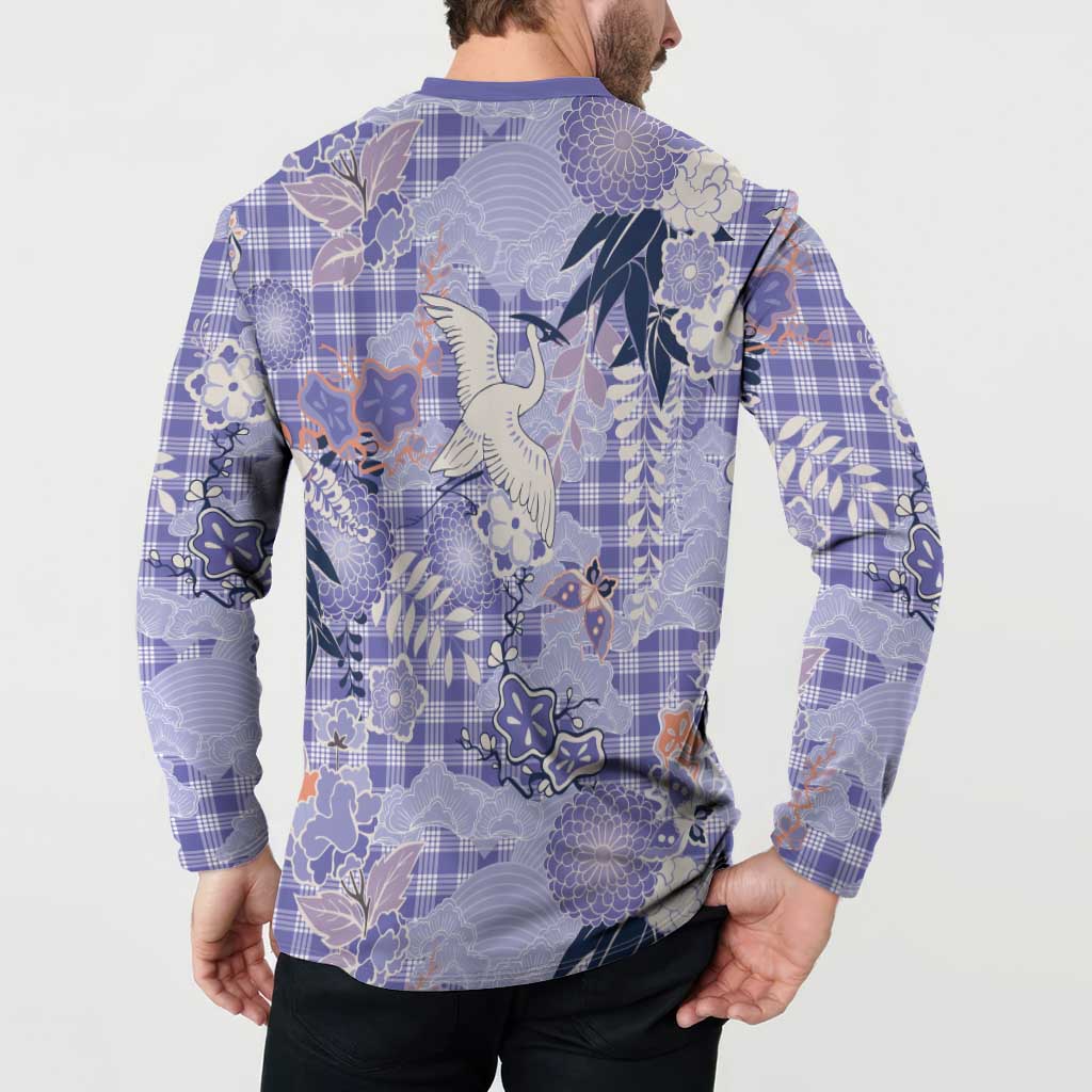 Purple Palaka Crane and Flowers Button Sweatshirt Japan Heritage Spirit - Polynesian Pride