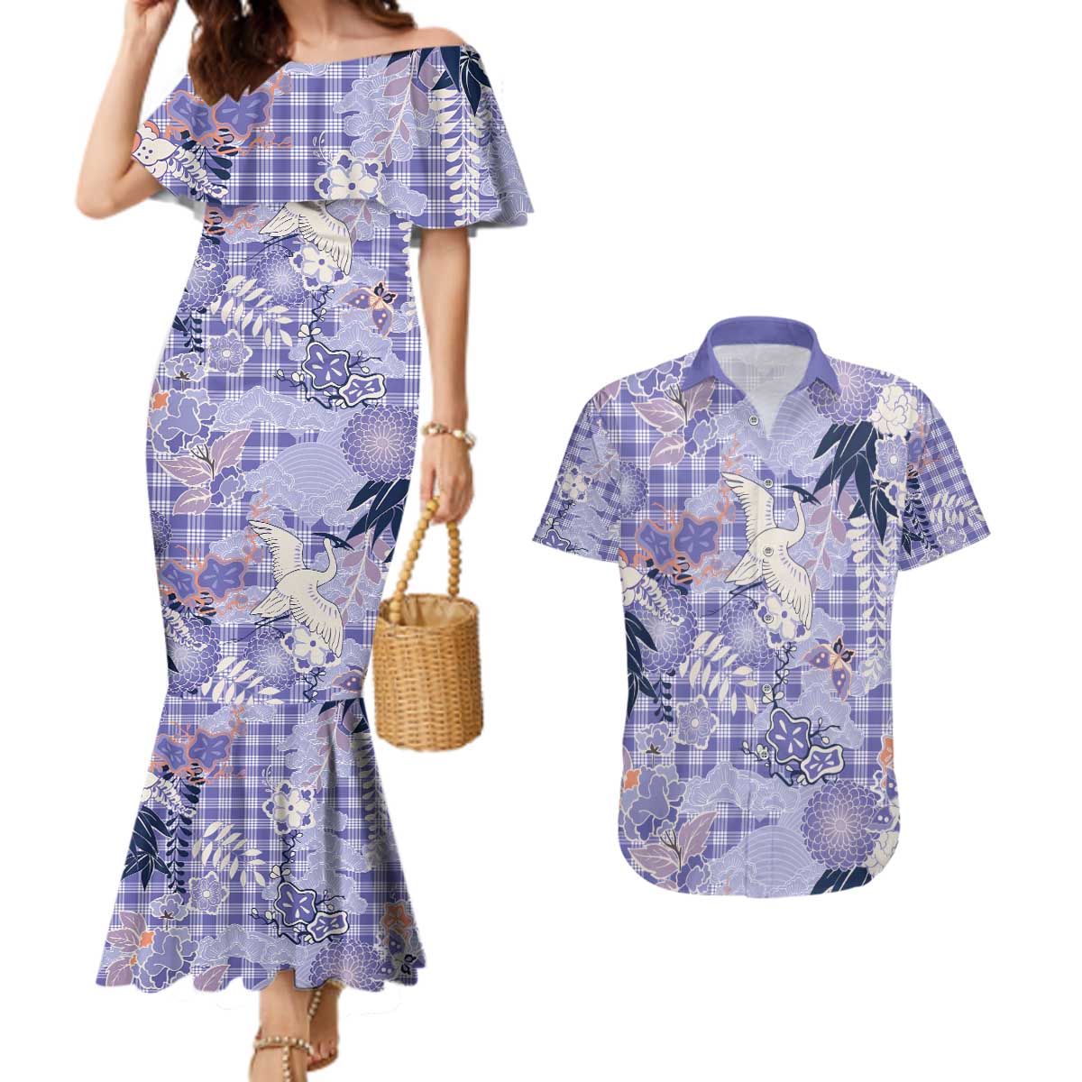 Purple Palaka Crane and Flowers Couples Matching Mermaid Dress and Hawaiian Shirt Japan Heritage Spirit - Polynesian Pride
