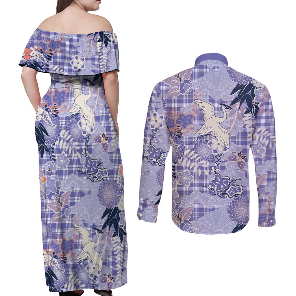 Purple Palaka Crane and Flowers Couples Matching Off Shoulder Maxi Dress and Long Sleeve Button Shirt Japan Heritage Spirit - Polynesian Pride