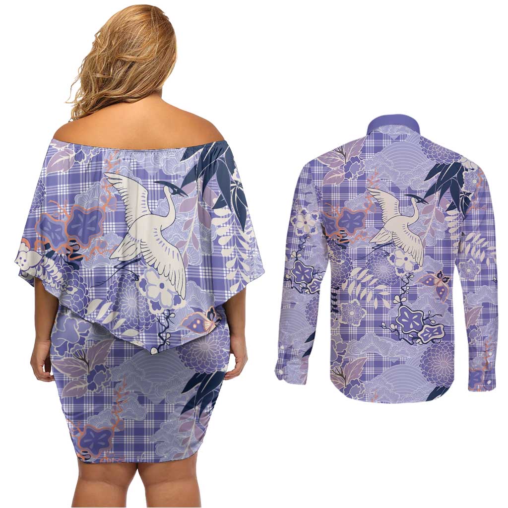 Purple Palaka Crane and Flowers Couples Matching Off Shoulder Short Dress and Long Sleeve Button Shirt Japan Heritage Spirit - Polynesian Pride