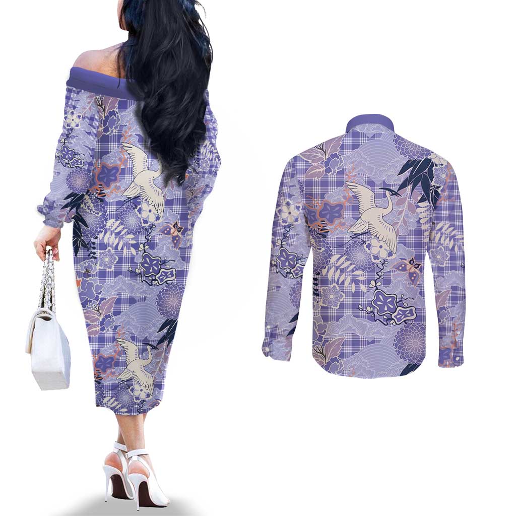 Purple Palaka Crane and Flowers Couples Matching Off The Shoulder Long Sleeve Dress and Long Sleeve Button Shirt Japan Heritage Spirit - Polynesian Pride
