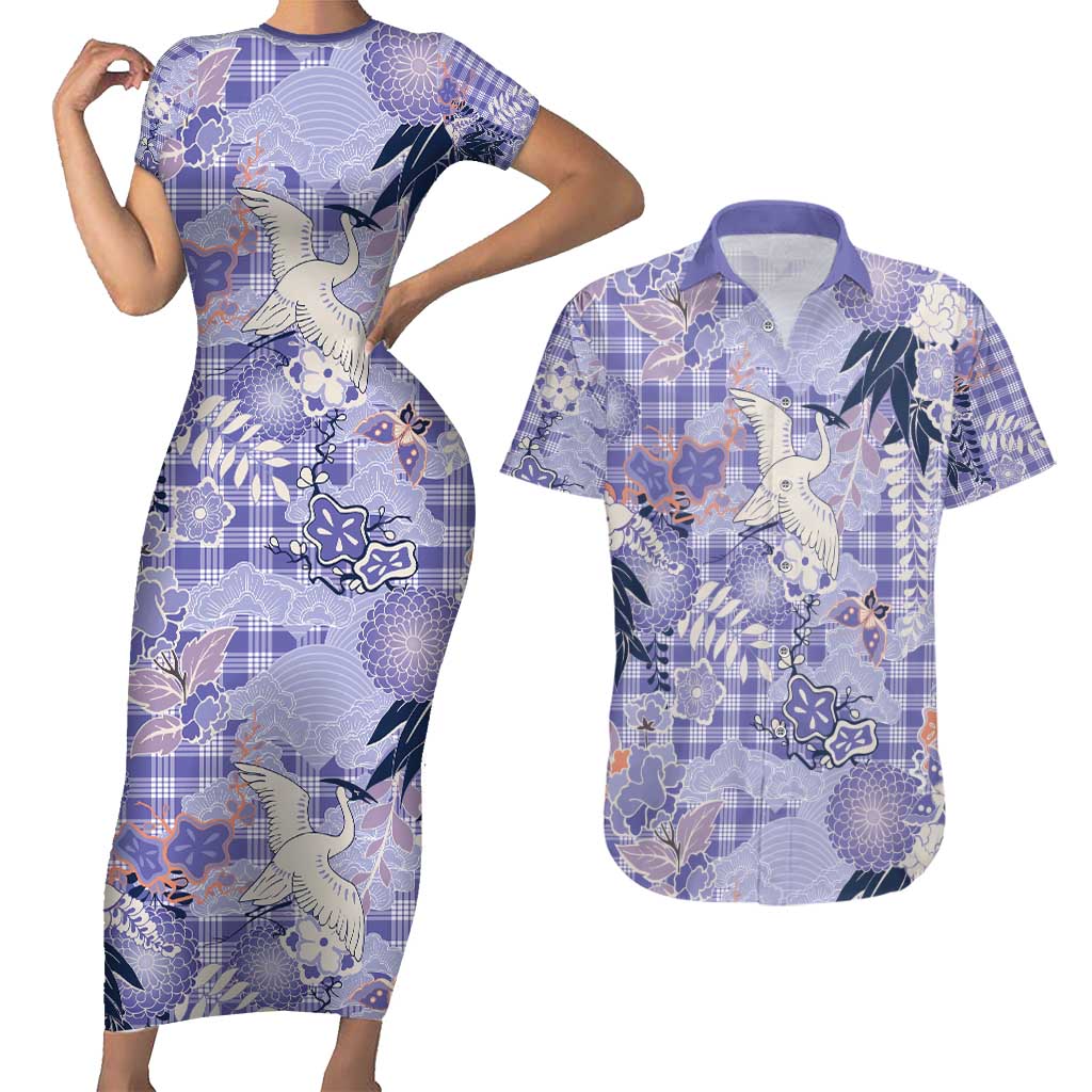 Purple Palaka Crane and Flowers Couples Matching Short Sleeve Bodycon Dress and Hawaiian Shirt Japan Heritage Spirit - Polynesian Pride