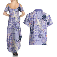 Purple Palaka Crane and Flowers Couples Matching Summer Maxi Dress and Hawaiian Shirt Japan Heritage Spirit - Polynesian Pride