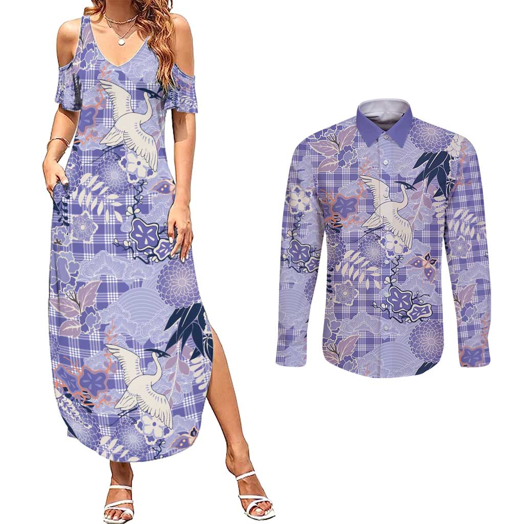 Purple Palaka Crane and Flowers Couples Matching Summer Maxi Dress and Long Sleeve Button Shirt Japan Heritage Spirit - Polynesian Pride