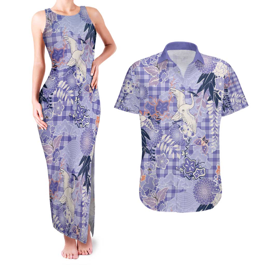 Purple Palaka Crane and Flowers Couples Matching Tank Maxi Dress and Hawaiian Shirt Japan Heritage Spirit - Polynesian Pride