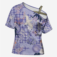 Purple Palaka Crane and Flowers Cross Shoulder Shirt Japan Heritage Spirit - Polynesian Pride