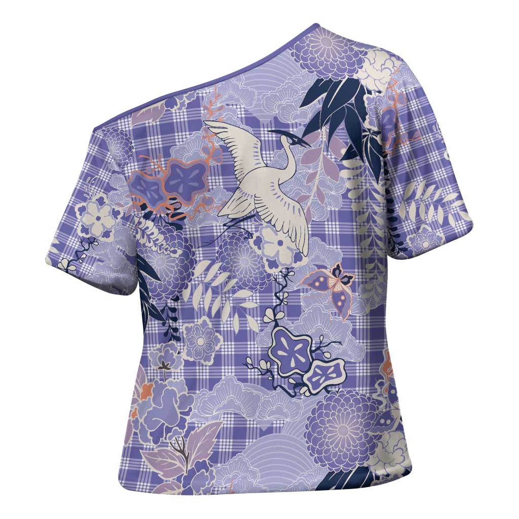 Purple Palaka Crane and Flowers Cross Shoulder Shirt Japan Heritage Spirit - Polynesian Pride