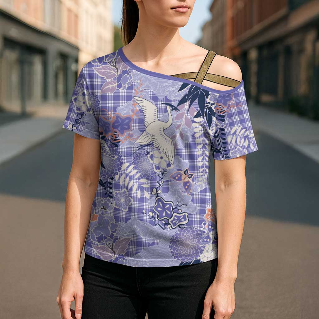 Purple Palaka Crane and Flowers Cross Shoulder Shirt Japan Heritage Spirit - Polynesian Pride