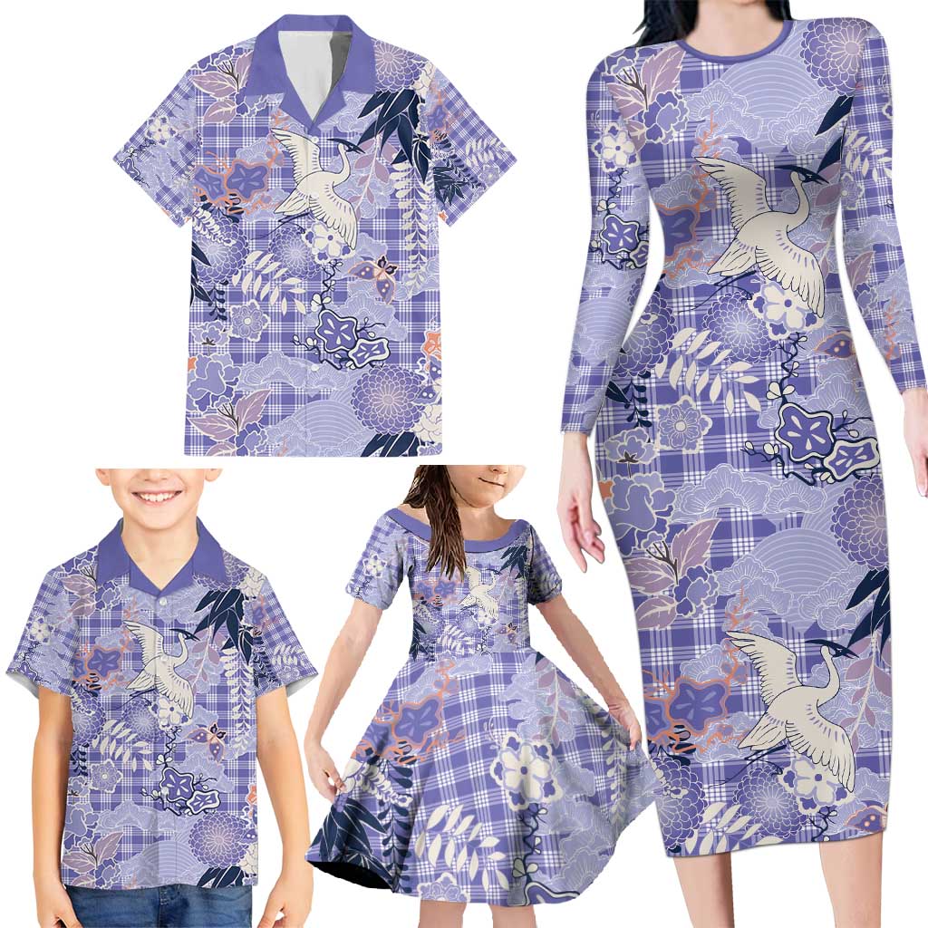 Purple Palaka Crane and Flowers Family Matching Long Sleeve Bodycon Dress and Hawaiian Shirt Japan Heritage Spirit - Polynesian Pride