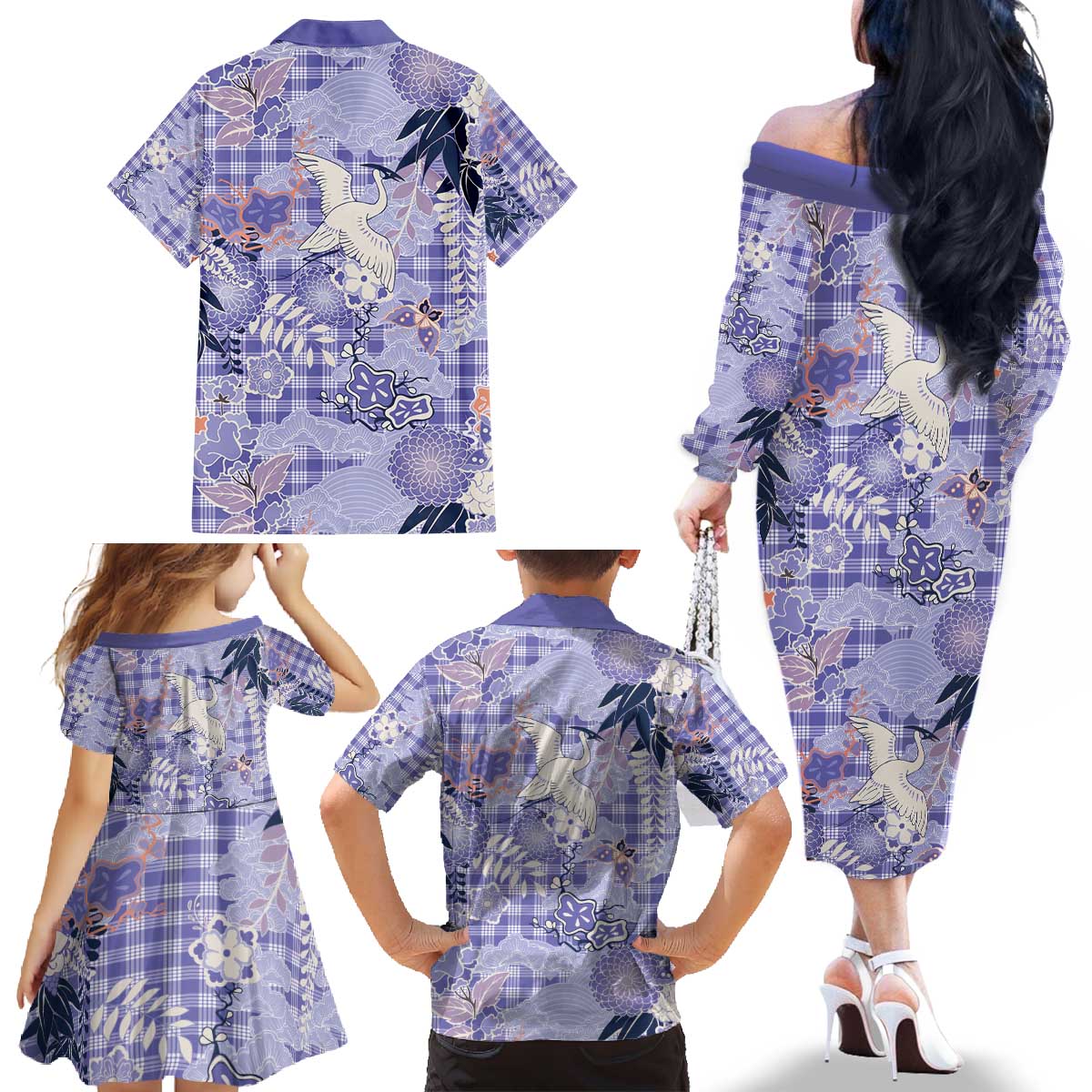 Purple Palaka Crane and Flowers Family Matching Off The Shoulder Long Sleeve Dress and Hawaiian Shirt Japan Heritage Spirit - Polynesian Pride