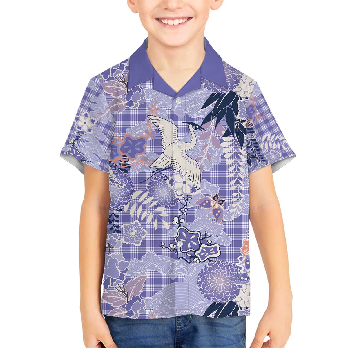 Purple Palaka Crane and Flowers Family Matching Off The Shoulder Long Sleeve Dress and Hawaiian Shirt Japan Heritage Spirit - Polynesian Pride