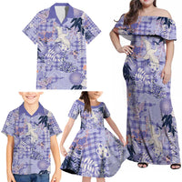 Purple Palaka Crane and Flowers Family Matching Off Shoulder Maxi Dress and Hawaiian Shirt Japan Heritage Spirit - Polynesian Pride