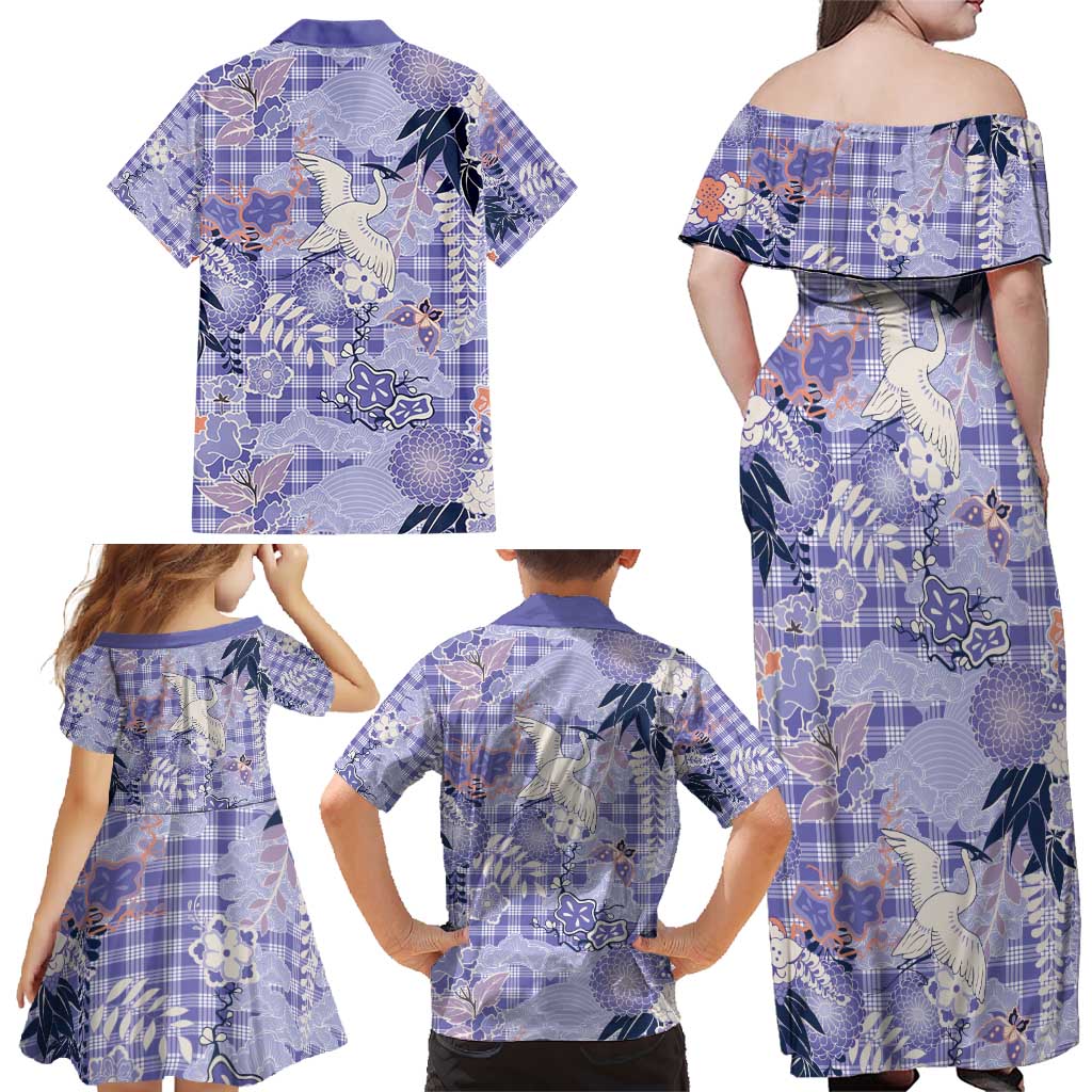 Purple Palaka Crane and Flowers Family Matching Off Shoulder Maxi Dress and Hawaiian Shirt Japan Heritage Spirit - Polynesian Pride