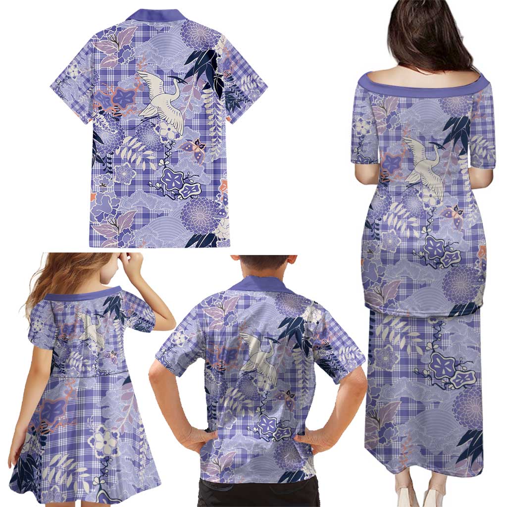 Purple Palaka Crane and Flowers Family Matching Puletasi and Hawaiian Shirt Japan Heritage Spirit - Polynesian Pride