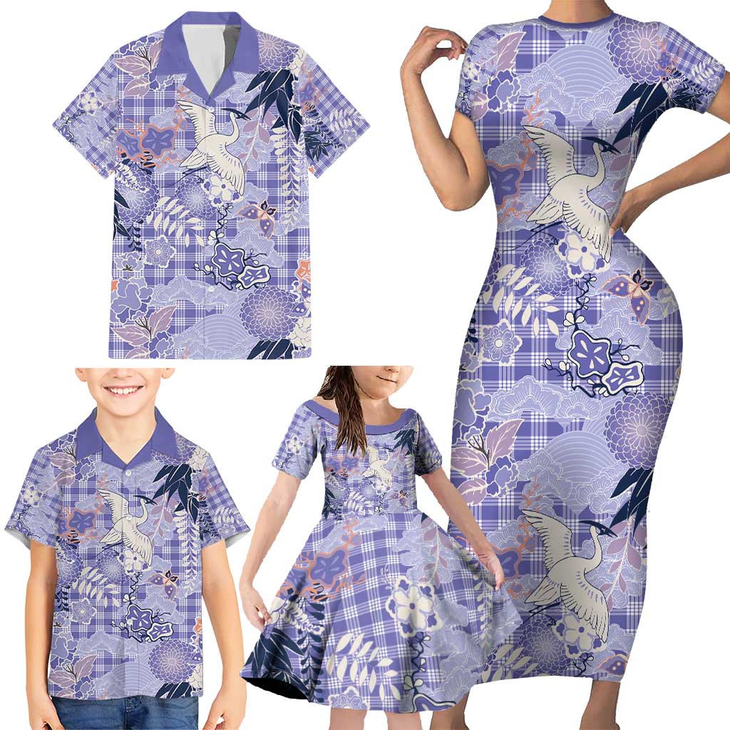Purple Palaka Crane and Flowers Family Matching Short Sleeve Bodycon Dress and Hawaiian Shirt Japan Heritage Spirit - Polynesian Pride