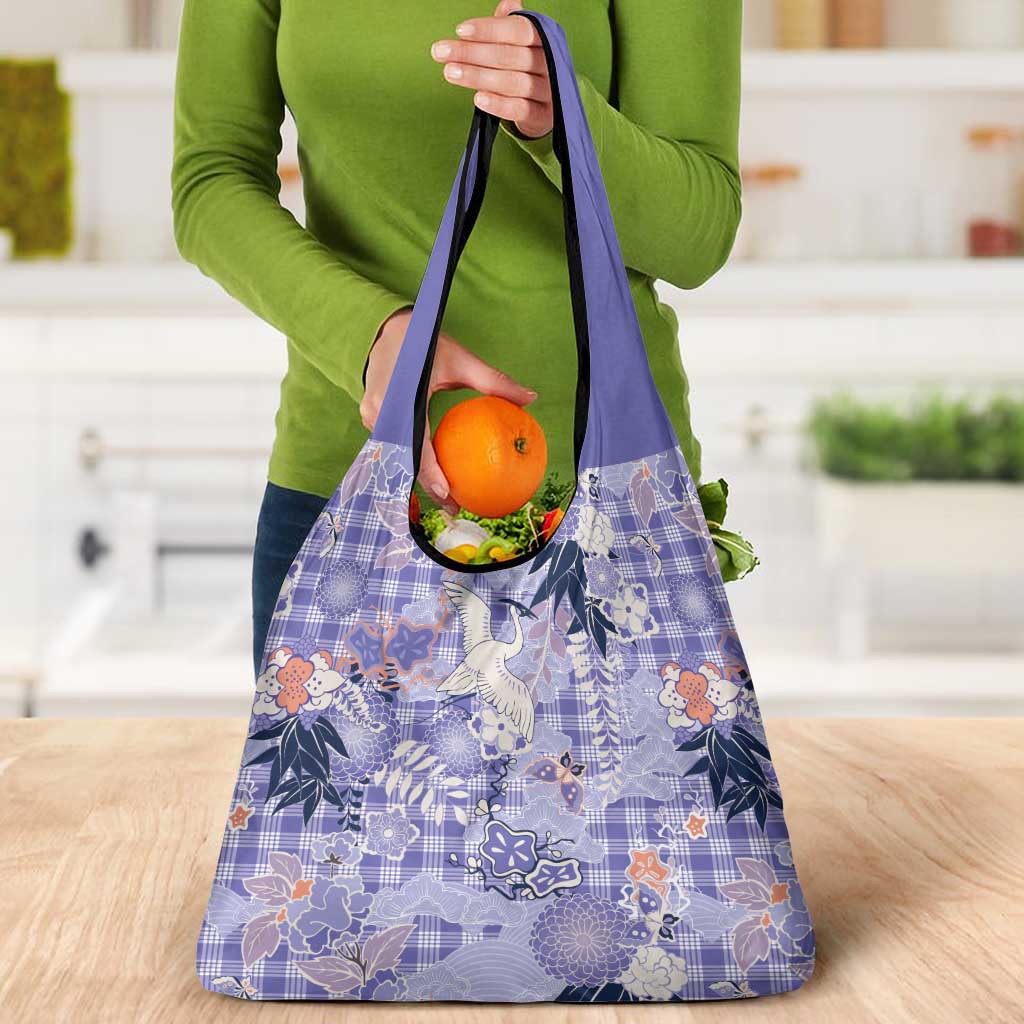 Purple Palaka Crane and Flowers Grocery Bag Japan Heritage Spirit - Polynesian Pride