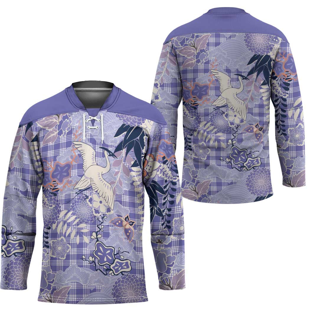 Purple Palaka Crane and Flowers Hockey Jersey Japan Heritage Spirit - Polynesian Pride