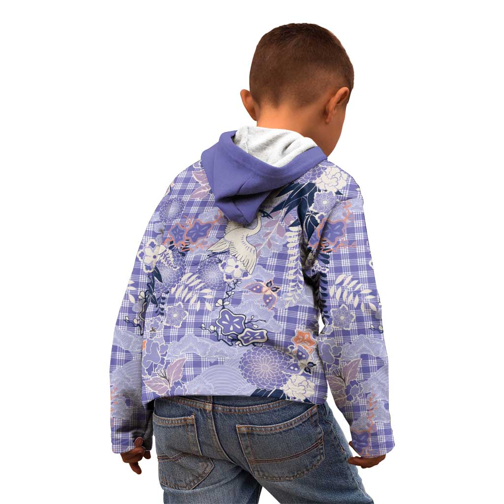 Purple Palaka Crane and Flowers Kid Hoodie Japan Heritage Spirit - Polynesian Pride