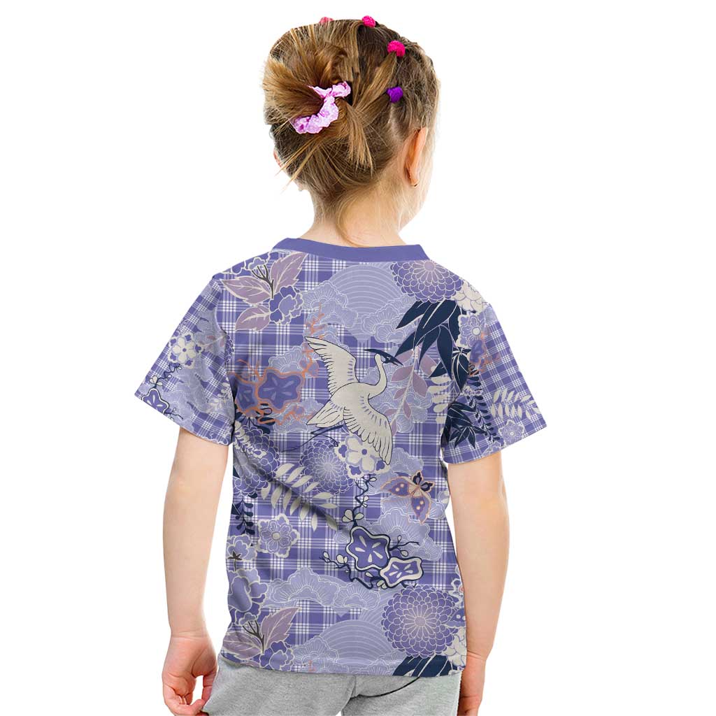 Purple Palaka Crane and Flowers Kid T Shirt Japan Heritage Spirit - Polynesian Pride