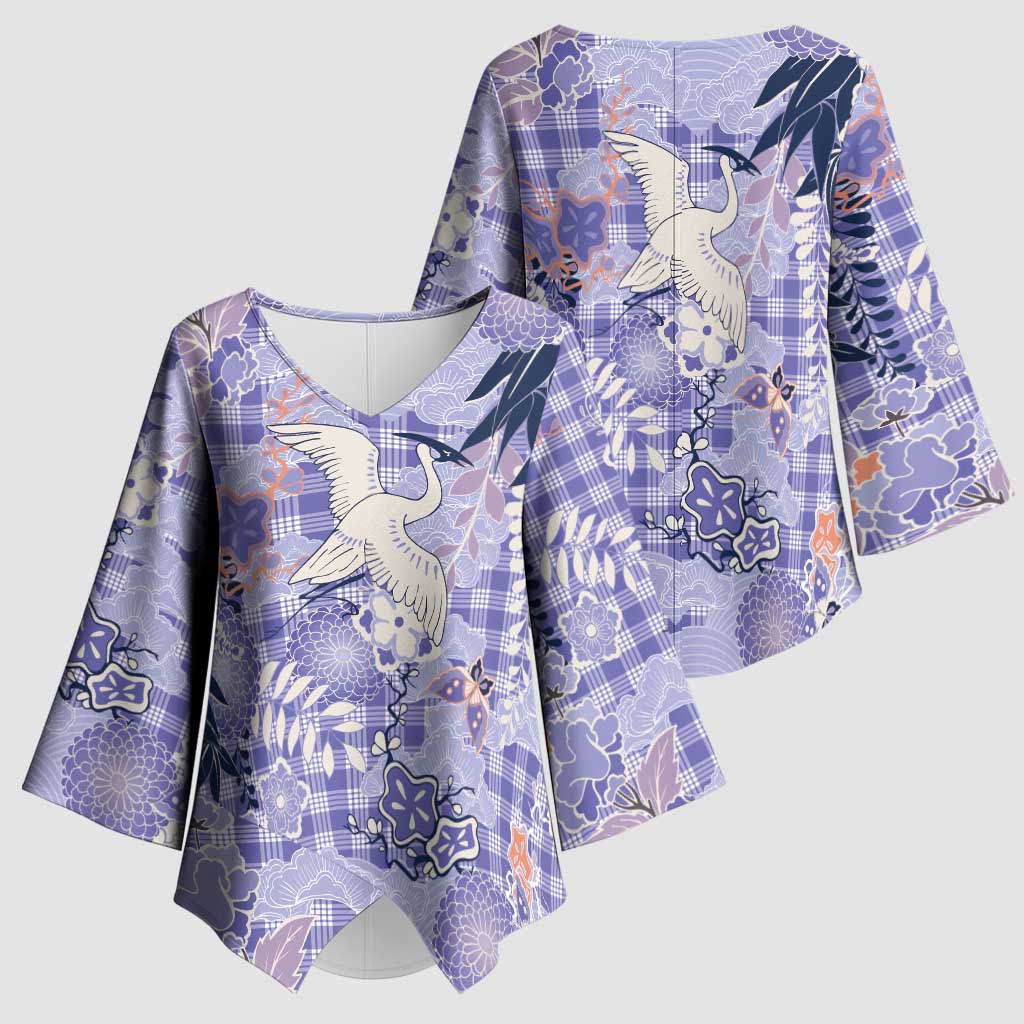 Purple Palaka Crane and Flowers Kimono Sleeve Blouse Japan Heritage Spirit - Polynesian Pride