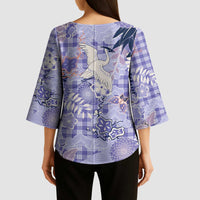 Purple Palaka Crane and Flowers Kimono Sleeve Blouse Japan Heritage Spirit - Polynesian Pride