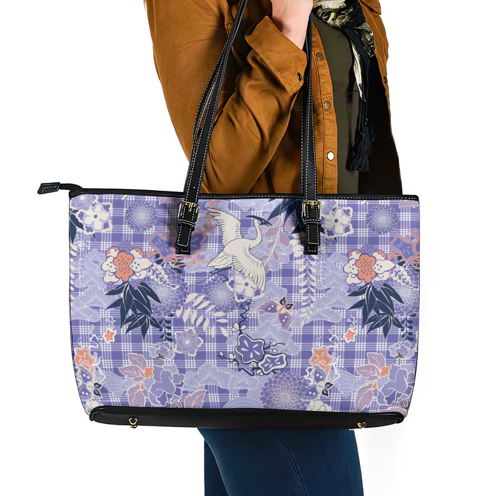 Purple Palaka Crane and Flowers Leather Tote Bag Japan Heritage Spirit - Polynesian Pride