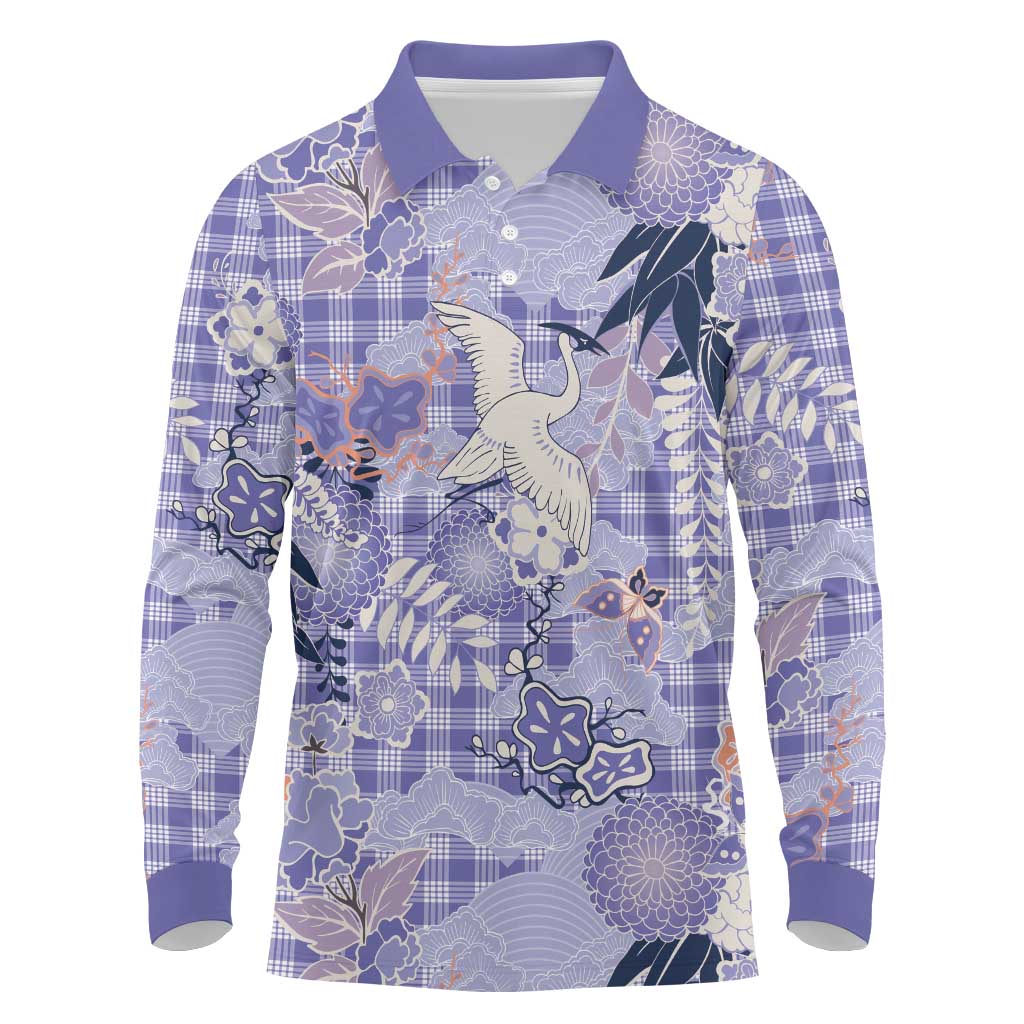 Purple Palaka Crane and Flowers Long Sleeve Polo Shirt Japan Heritage Spirit - Polynesian Pride