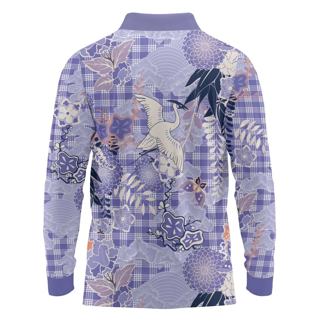 Purple Palaka Crane and Flowers Long Sleeve Polo Shirt Japan Heritage Spirit - Polynesian Pride