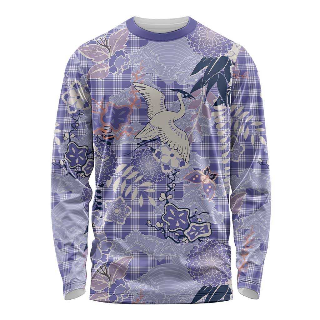 Purple Palaka Crane and Flowers Long Sleeve Shirt Japan Heritage Spirit - Polynesian Pride