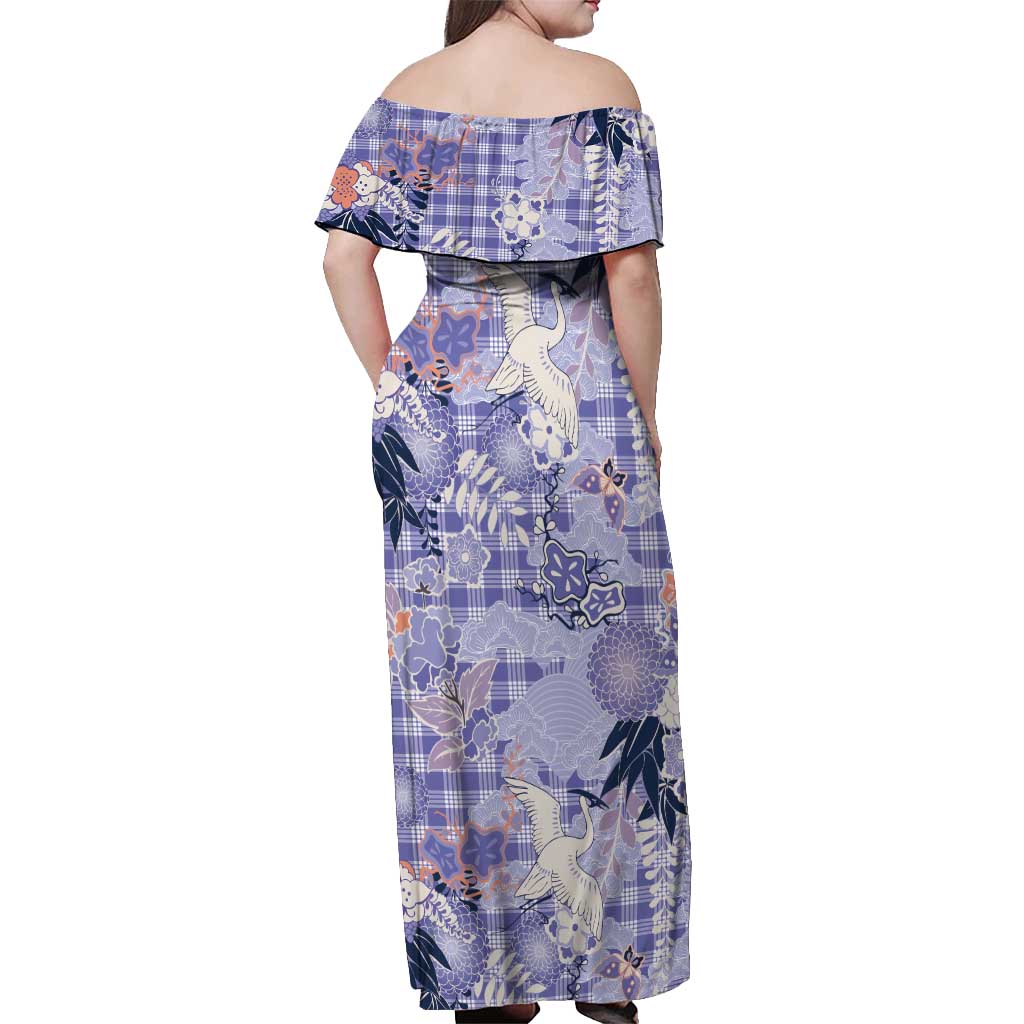 Purple Palaka Crane and Flowers Off Shoulder Maxi Dress Japan Heritage Spirit - Polynesian Pride