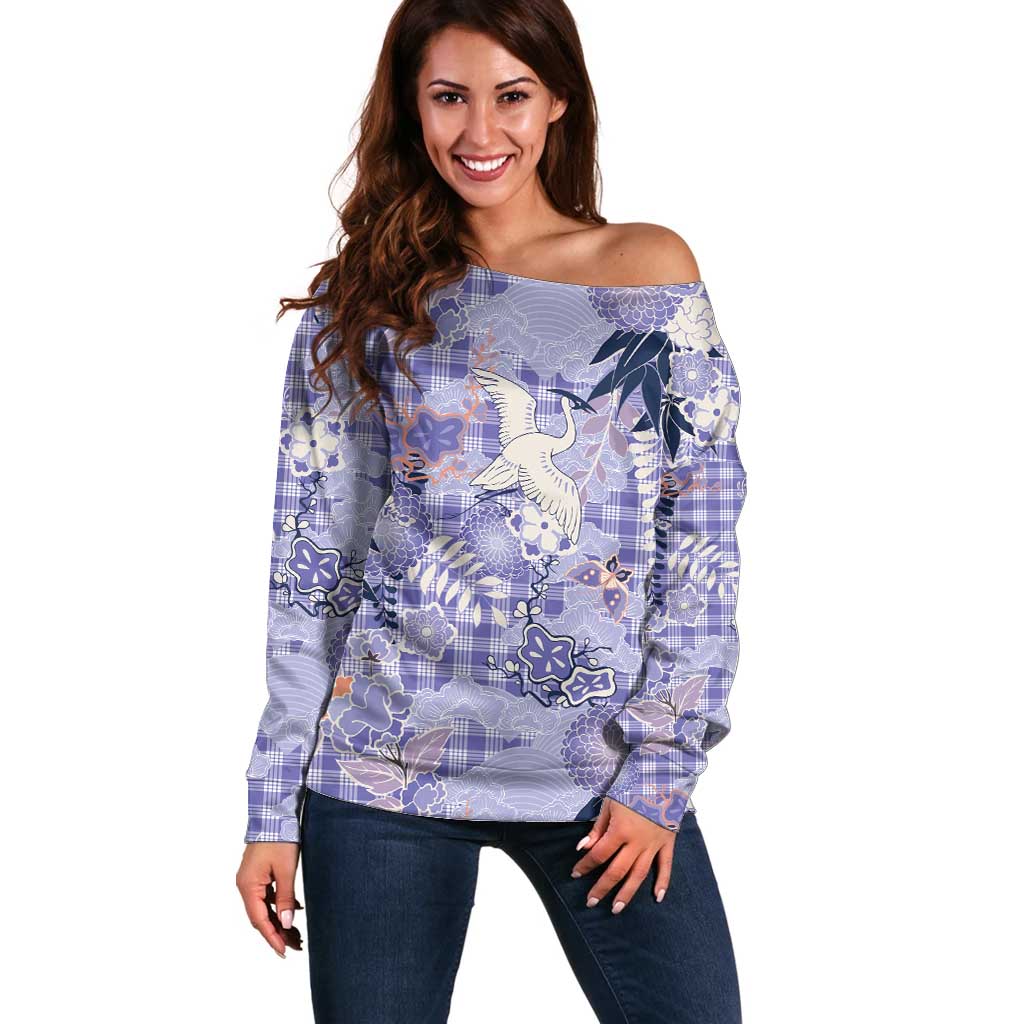 Purple Palaka Crane and Flowers Off Shoulder Sweater Japan Heritage Spirit - Polynesian Pride