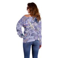Purple Palaka Crane and Flowers Off Shoulder Sweater Japan Heritage Spirit - Polynesian Pride