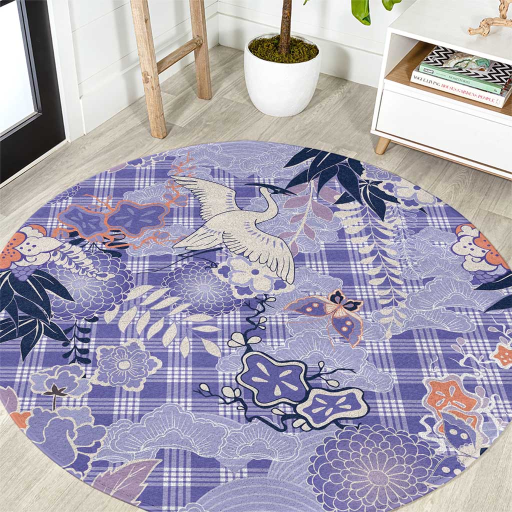 Purple Palaka Crane and Flowers Round Carpet Japan Heritage Spirit - Polynesian Pride